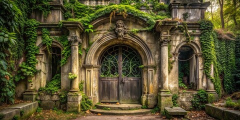 Decaying ornate stonework overgrown vines tangled entranceway mysterious ambiance