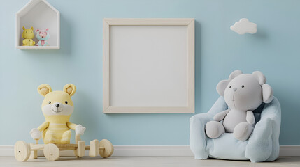 toys in children's room and white frame mockup style illustration.