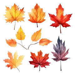 Fototapeta premium A set of nine watercolor illustrations of autumn leaves in various shades of red, orange, yellow, and brown.