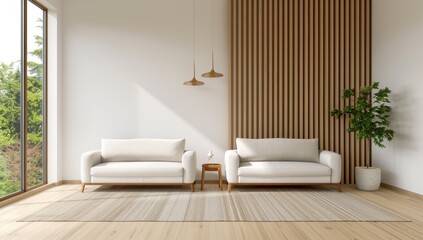 living room with wooden slats on the wall, white walls and a beige rug, two single sofas in neutral tones