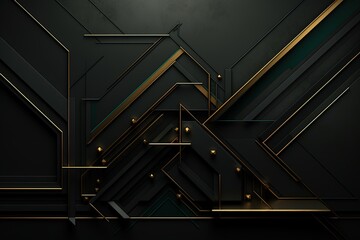 Abstract dark background with gold geometric shapes.