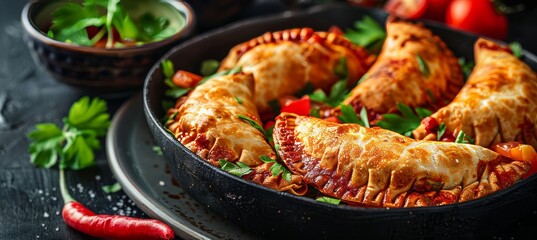 Delicious Empanadas, Savory Pastries Filled with Flavorful Ingredients, in Cast-Iron Skillet,
