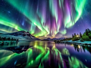 Aurora Borealis: Enchanting, Mystical, Green and Purple Hues, Night Sky Dance