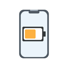 Vector flat mobile phone with battery charge yellow indicator. Smartphone mockup with blank white screen and different battery level icon., mobile gadget in flat style.