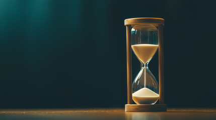 An isolated shot of an hourglass on a dark background, capturing the fine grains of sand as they flow downwards, symbolizing the passage of time and the urgency associated with its