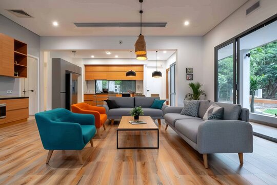 Designing the living room with an orange and blue color scheme, with furniture ranging from teal chairs