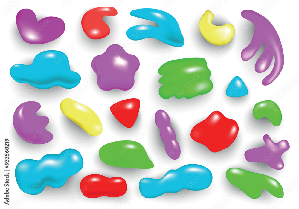 Poster set of abstract liquid forms in 3d cartoon design. colorful objects of different sizes and shapes cr