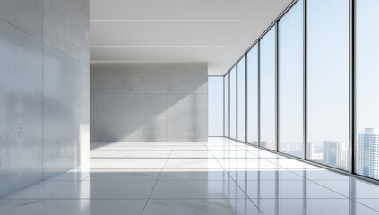 Empty modern office interior with floor-to-ceiling windows overlooking cityscape.