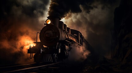 A steam locomotive runs at high speed in the twilight while smoke. Neural network ai generated art