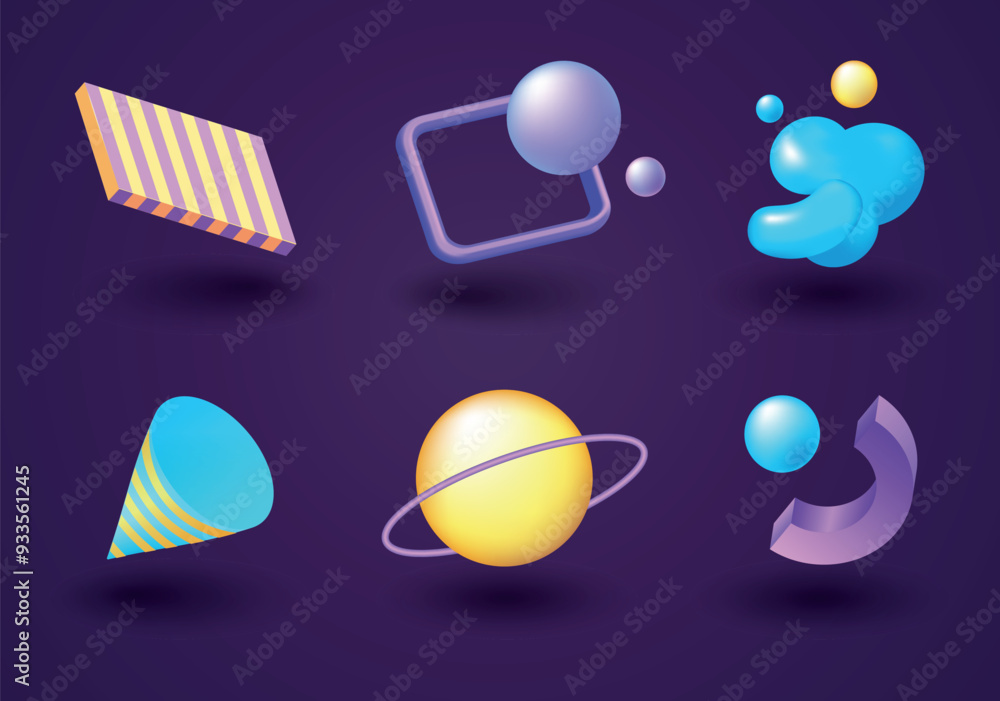 Poster set of geometry shapes in 3d cartoon design. this small set of six features futuristic abstract shap
