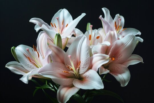 A beautiful bouquet of pink lilies on a dark background showcasing their delicate petals and vibrant details