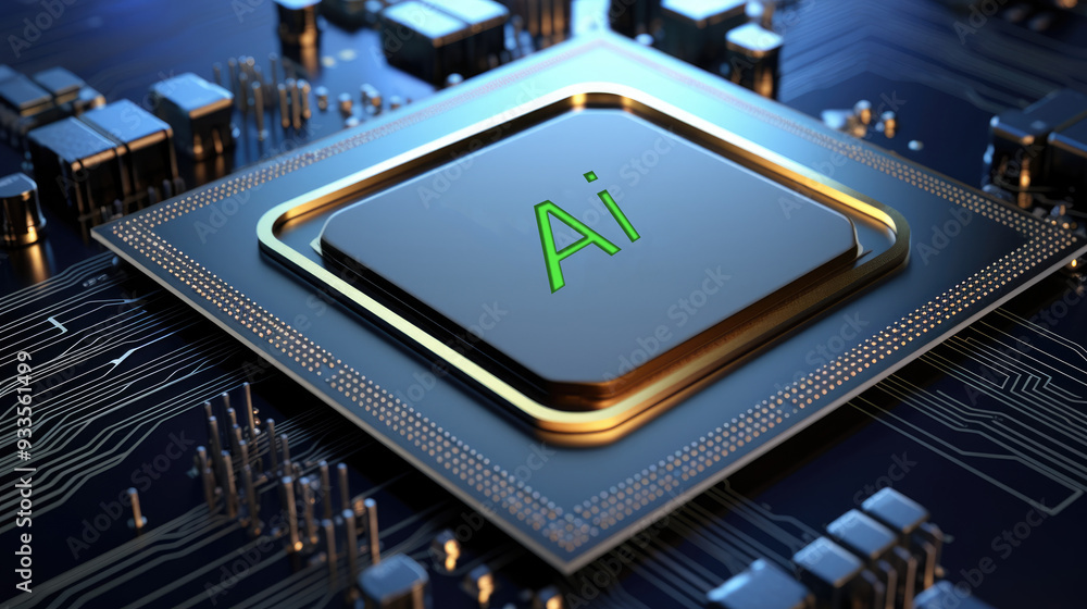 Aufkleber a cpu microchip featuring 'ai' text in the center, viewed from the top,generative ai