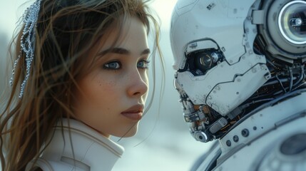 Woman opposite AI. The concept of the confrontation between humanity and artificial intelligence.