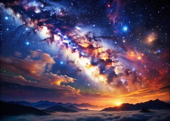 Fototapeta premium Celestial Nightscape: Shimmering stars, nebulae textures, cosmic hues, ethereal, enchanting