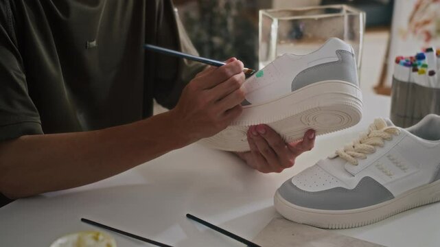 Cropped shot of anonymous designer making custom sneakers, painting them in colors at worktable