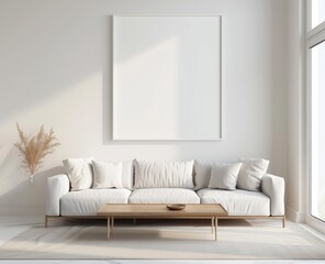 apartment light blue and green color palette, glass walls with black frames, sofa in the foreground on one side