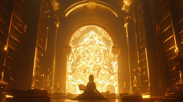 A Woman in a Library with a Magical Door