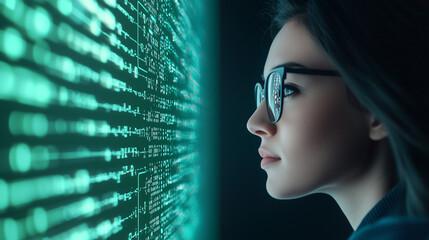A female IT professional seen from the side, engaging with a green augmented reality AI interface that visualizes data and cyber security threats, representing the advanced use of