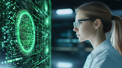 A side view illustration of a female IT specialist analyzing cyber security threats, with an augmented reality green AI interface overlaying data and information technology, symbol