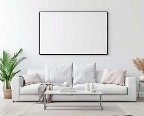living room with a large blank frame mockup on the wall, a white sofa and coffee table, soft natural light