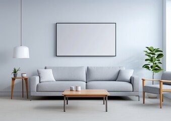 living room with a large blank frame mockup on the wall, a white sofa and coffee table, soft natural light