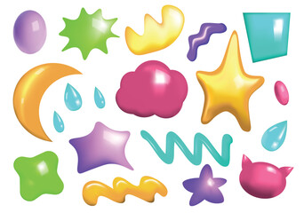 Set of abstract shapes in 3d cartoon design. This collection features images of different shapes in a bright color palette and is a great representative of the Y2K style. Vector illustration.