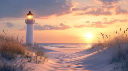 Lighthouse at Sunset on a Sandy Beach