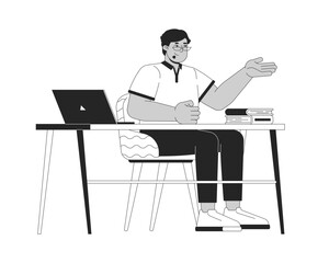 Arab teacher attracting attention by gesture black and white 2D line cartoon character. Man at desk isolated vector outline person. School personnel at workplace monochromatic flat spot illustration