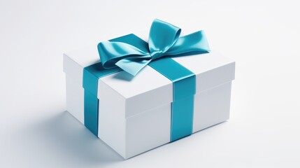  a blue gift box with a blue ribbon, taken from the top, against a white background ,generative ai