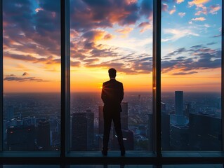 City sunset panorama, businessman by window, business concept.
