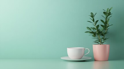 Fototapeta premium A minimalistic arrangement featuring a white cup and a green potted plant against a teal background, creating a calm and serene atmosphere.