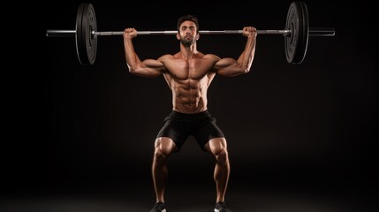 Fototapeta premium a young man bodybuilder lifting heavy weights, front view, isolated against a black background, generative ai