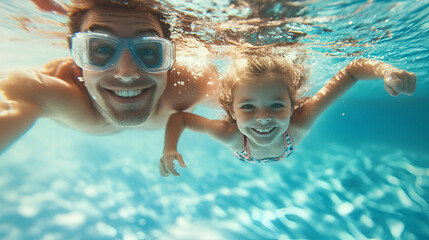Naklejka premium happy father take the kid swim underwater illustration