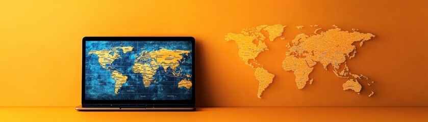 Modern laptop displaying a world map beside a wall-mounted world map illustration on a vibrant orange background.