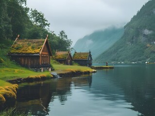 Fototapeta premium Peaceful Viking Village Nestled in Serene Fjord Landscape with Wooden Huts and Warm Tonal Ambiance