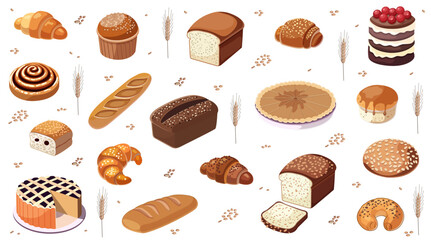 Different types of bread, cakes, pastries on white background. Illustration showcases variety of bakery item, including loaves, rolls, sweet treats. Concept of bakery, baked goods. Vector illustration