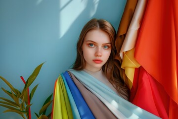 Colorist consultation with a young woman, personal stylist presenting fabric samples in a range of colors to determine her color type.