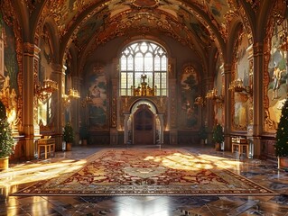 Obraz premium Magnificent Medieval Castle Interior with Ornate Tapestries and Warm Lighting