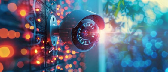 A futuristic white surveillance camera on a wall displays orange and red lights. The background shows a city skyline at night, evoking security and innovation.