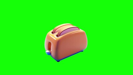 3d animation of bread being toasted and bread flipping back into toaster with green background. looping animation