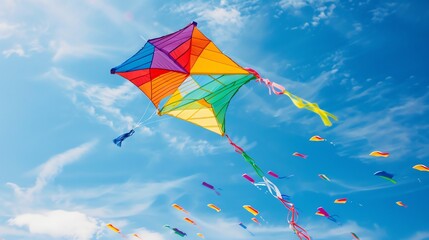 A colorful kite flying in a blue sky with white clouds.