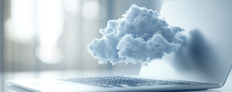 Close-up of a cloud icon with a house and laptop, in 3D Blender Style, on an orange background, emphasizing remote work-life balance.
