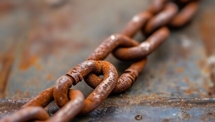 A close-up view of rusted chain links on an old weathered metal surface