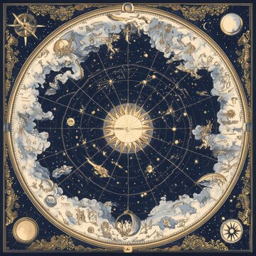 A meticulously detailed celestial map, designed in a vintage style reminiscent of ancient star charts. 