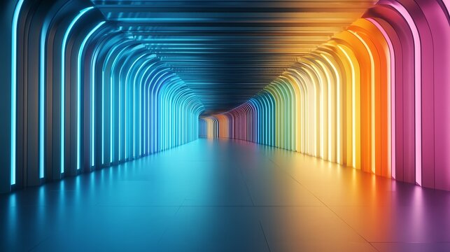 Geometric tunnel, vibrant colors, dynamic patterns, sleek futuristic design