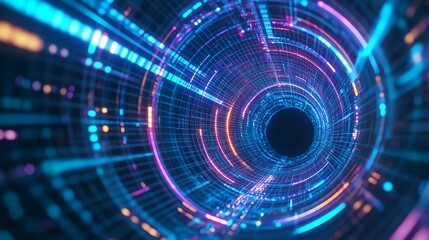 Fototapeta premium Abstract tunnel, neon grid lines, dark background, infinite depth, futuristic vibe