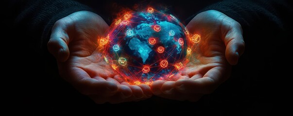 A pair of hands cradling a glowing, colorful globe symbolizing global unity and connection amidst a network of lights.