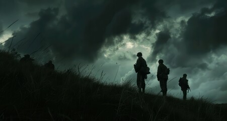 The image shows a group of soldiers standing in a field during a storm, with dark clouds looming overhead, evoking a dramatic and intense atmosphere.