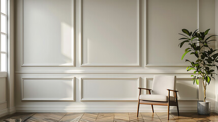 A single white armchair sits in a minimalist room with a plant in the corner. Sunlight streams through a window, illuminating the space.