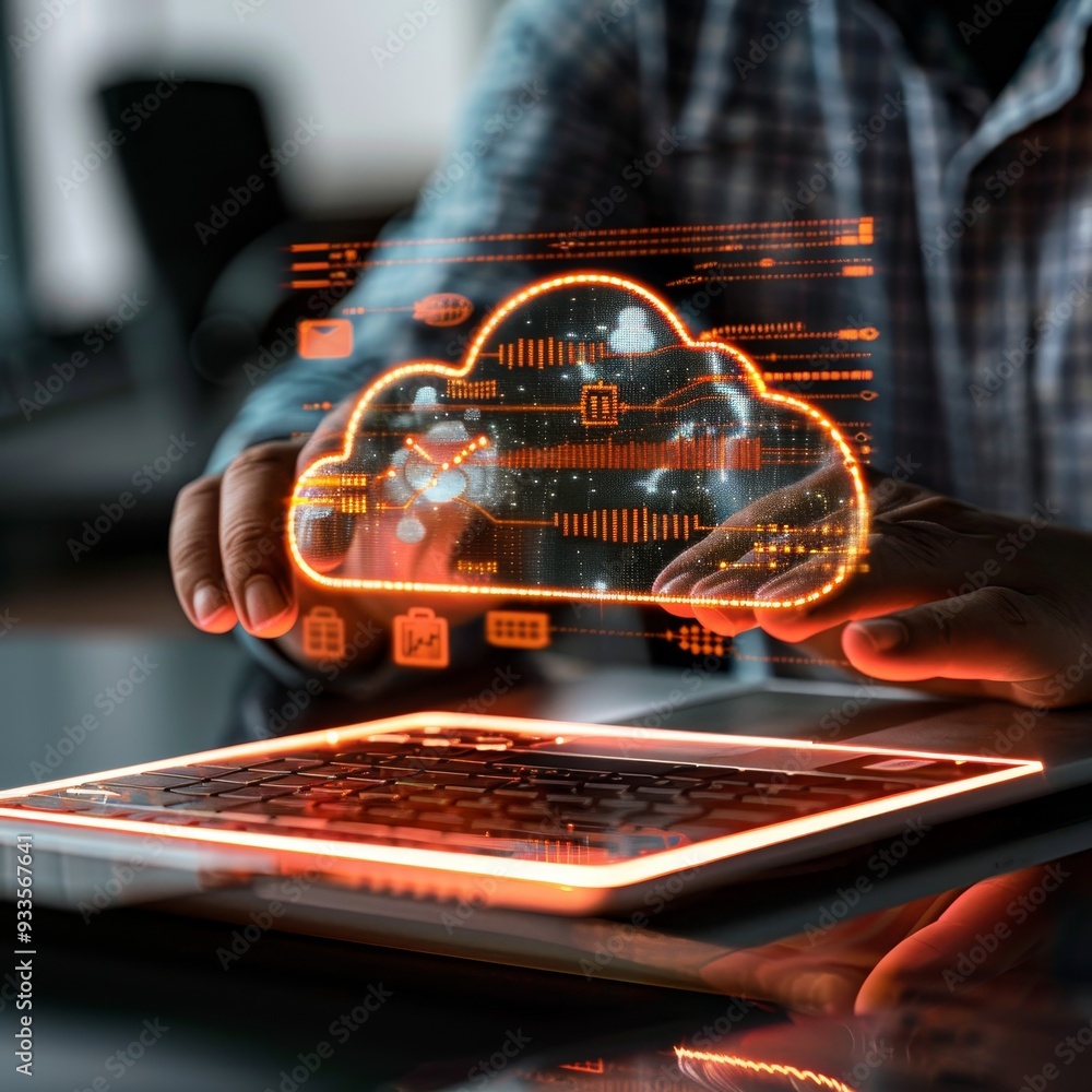 Aufkleber businessman utilizing cloud computing technology, data storage, and network security with a laptop